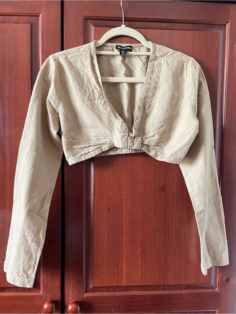 PrettyLittleThing Beige Cropped Long Sleeve Knot Front Top
